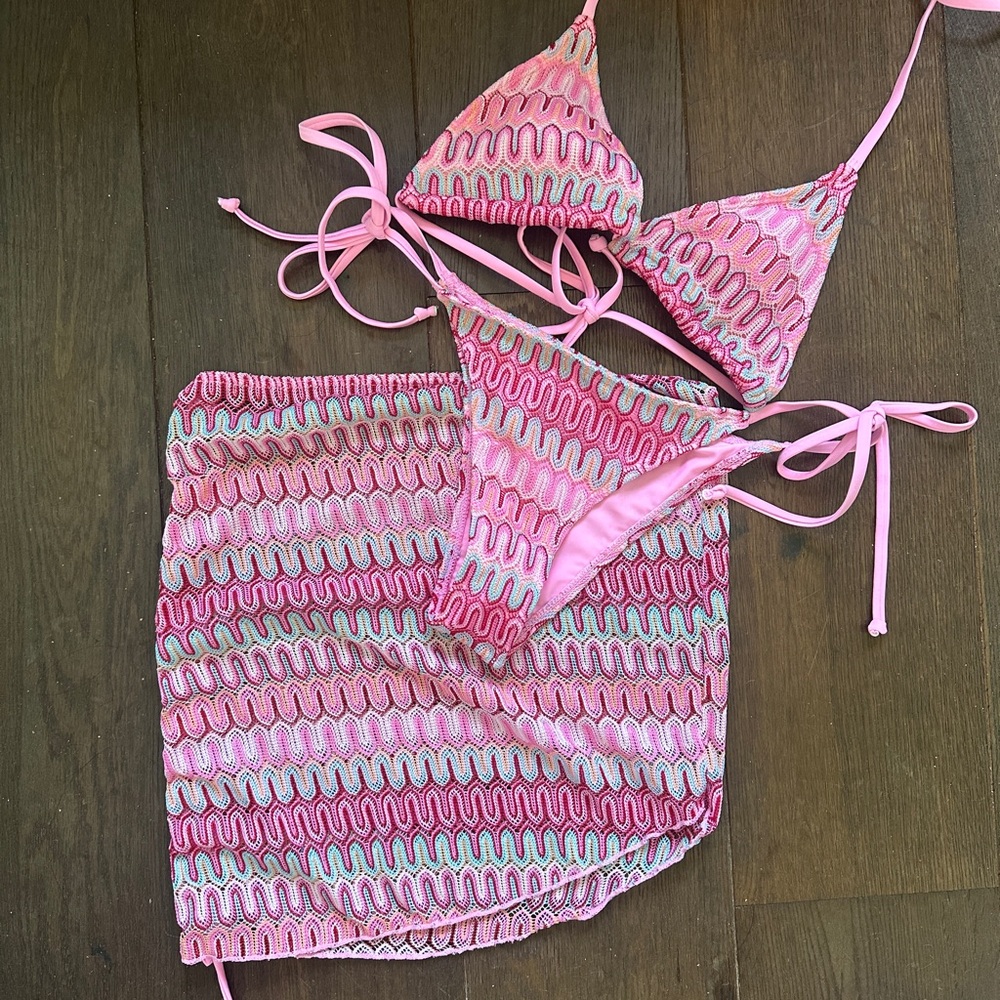 Missoni Style Pink, White, Purple Bikini Set with Skirt